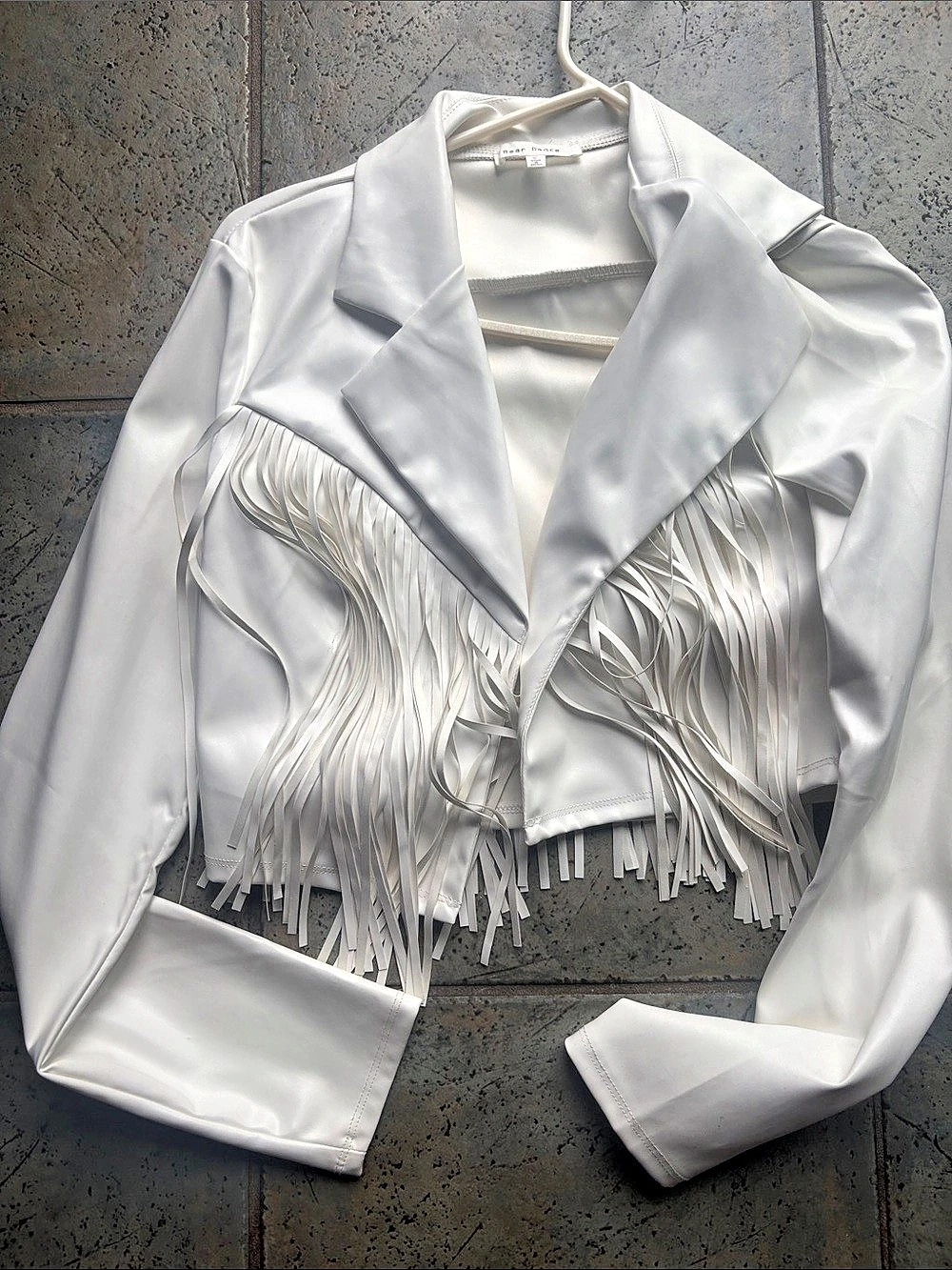 Bear Dance White Fringe Faux Leather Jacket Size Small Like New